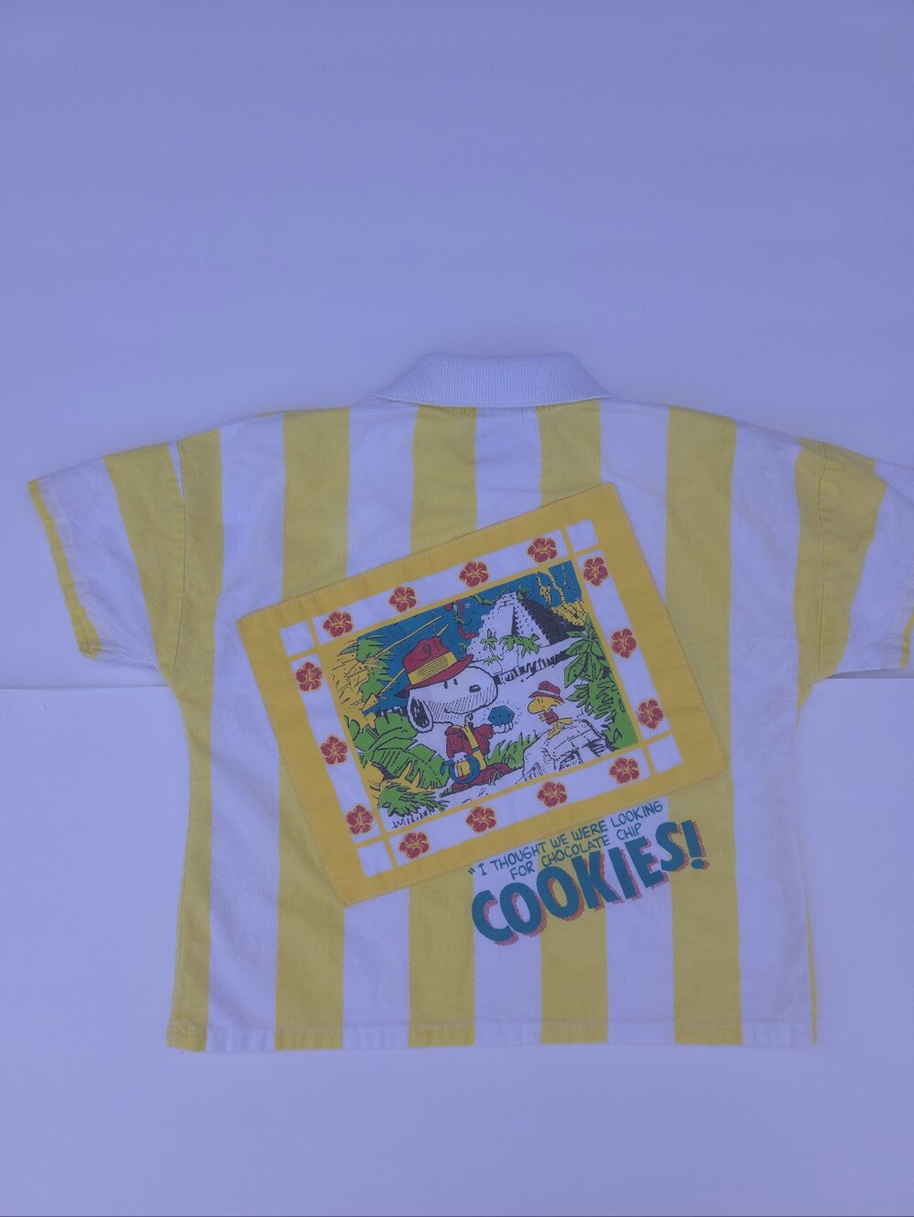 Vintage 80s Snoopy Indiana Jones Polo 2T Peanuts White and Yellow Striped Cotton